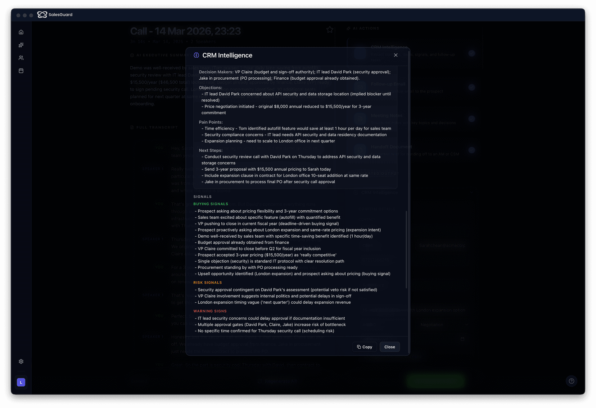 SalesGuard CRM Intelligence showing auto-extracted data from a sales call