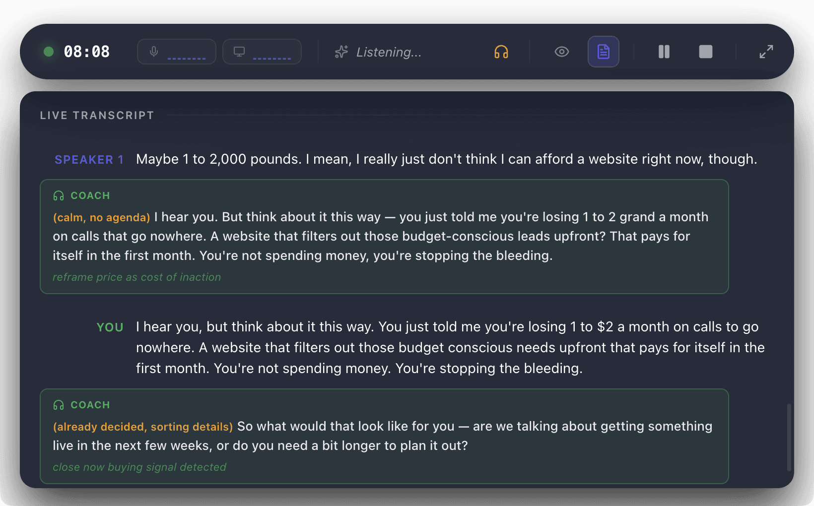 Real-Time AI Coach suggestion appearing during a live call